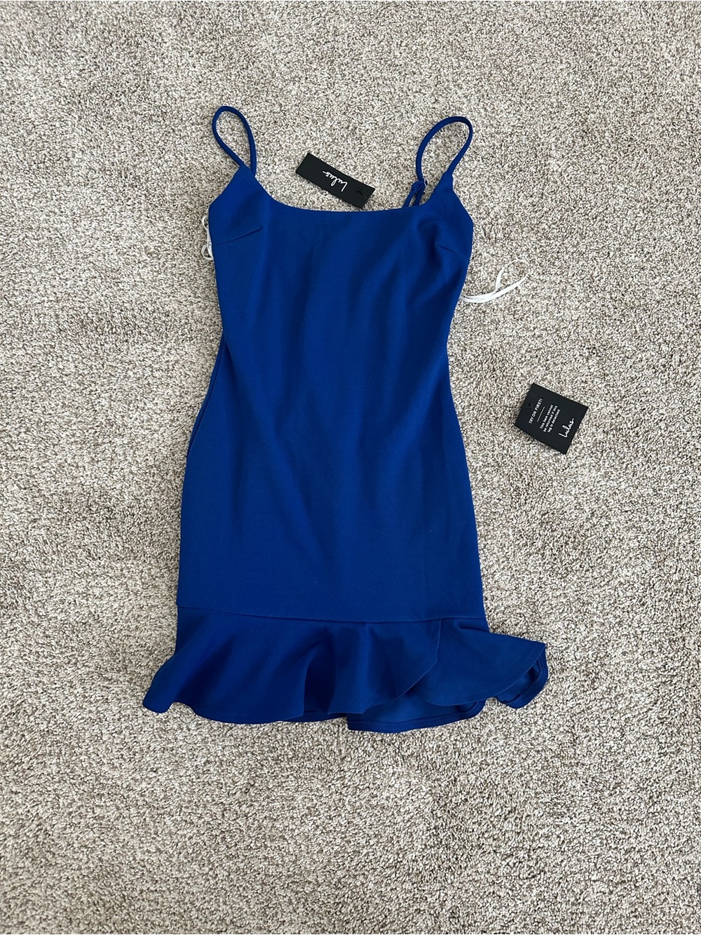 Lulu's Cobalt Blue Spaghetti Strap Ruffle-Hem Mini Dress